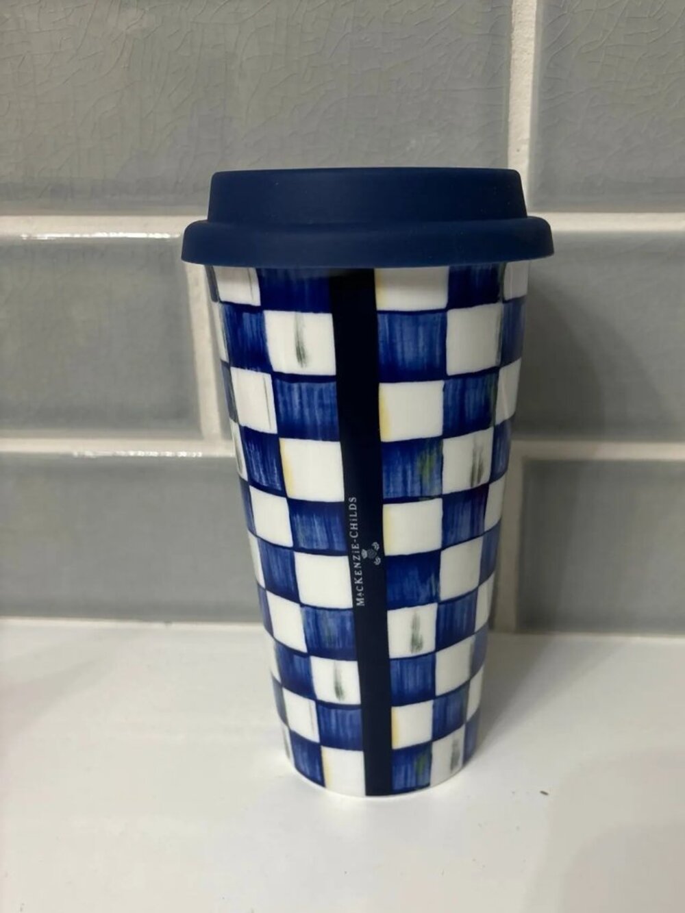 MacKenzie-Childs RETIRED Royal Check Blue Travel Cup 14oz with Silicone Lid